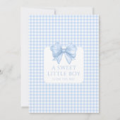可愛い青いギンガムリボン弓リボンアーチ男の赤ちゃんシャワー 招待状 (裏面)