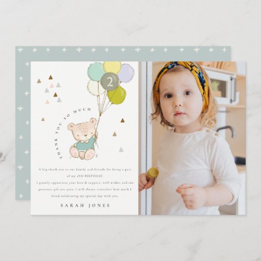 可愛い青いクマの風船の写真任意の年齢誕生日 サンキューカード (正面/裏面)