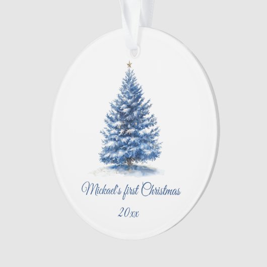 可愛い青いクリスマスツリーパーソナライズされたベビー初 オーナメント (正面)