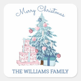 可愛い青いクリスマスツリーメリークリスマス スクエアシール