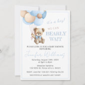 可愛い青いテディベアバルーン男の赤ちゃんシャワー 招待状 (正面)