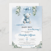可愛い青いテディベアeucalyptus男の子ベビーシャワー 招待状 (正面/裏面)