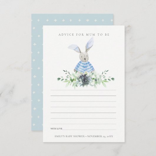 可愛い青いバニーの葉が、お母さんの赤ちゃんシャワーを勧める エンクロージャーカード (正面/裏面)