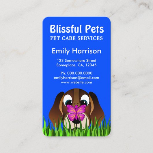 可愛い青いビーグルの子犬とブッテフライペットケア 名刺 (正面)