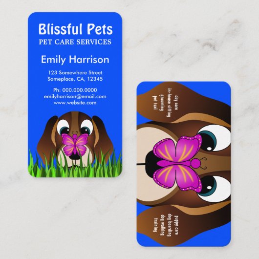 可愛い青いビーグルの子犬とブッテフライペットケア 名刺 (正面/裏面)