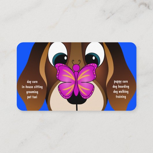 可愛い青いビーグルの子犬とブッテフライペットケア 名刺 (裏面)