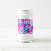 可愛い青いピンクの花柄 ビールジョッキ (中央)