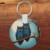 可愛い青いフクロウが枝に座っている キーホルダー (裏面)