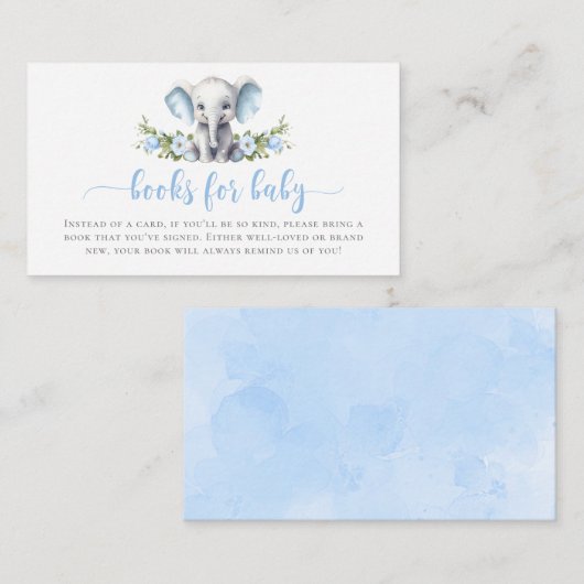 可愛い青いフローラ象の赤ちゃんシャワー用の本 エンクロージャーカード (正面/裏面)