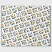 可愛い青いベビークマと金ゴールドバルーン幸せなb日 ラッピングペーパー (フラット)