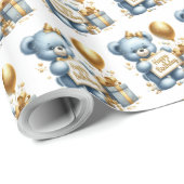 可愛い青いベビークマと金ゴールドバルーン幸せなb日 ラッピングペーパー (ロールコーナー)