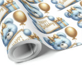 可愛い青いベビークマと金ゴールドバルーン幸せなb日 ラッピングペーパー (ロールコーナー)