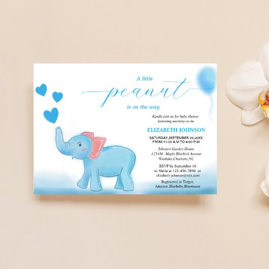 可愛い青いベビーゾウと愛の赤ちゃんシャワー 招待状