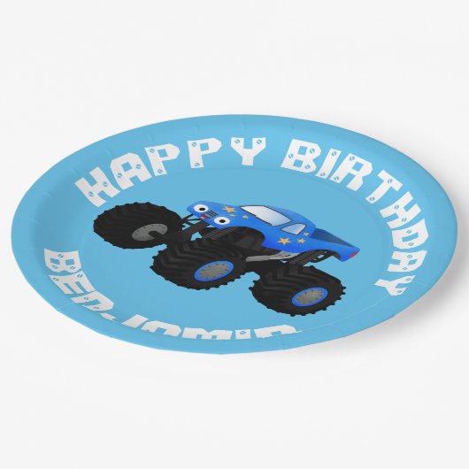 可愛い青いモンスタートラックパーソナライズされた漫画 ペーパープレート (アングル)