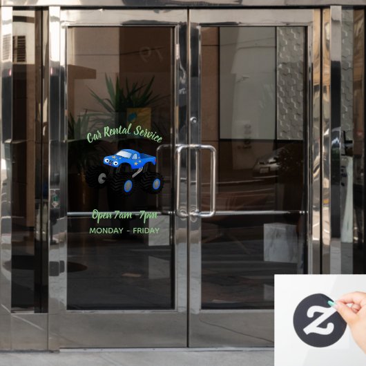 可愛い青いモンスタートラック漫画イラストレーション ウィンドウサイン (オフィスドア)