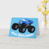 可愛い青いモンスタートラック漫画イラストレーション カード (黄色い花)