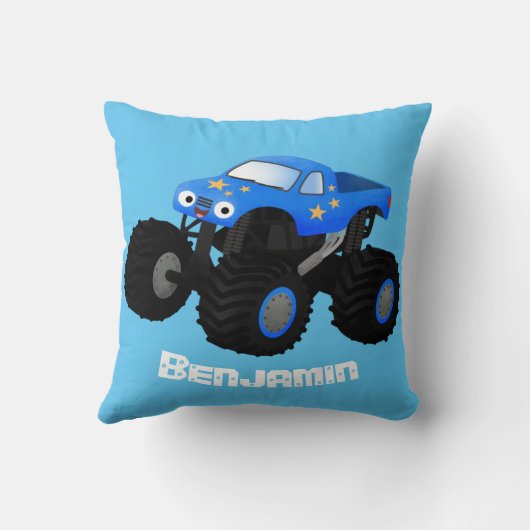 可愛い青いモンスタートラック漫画イラストレーション クッション (裏面)