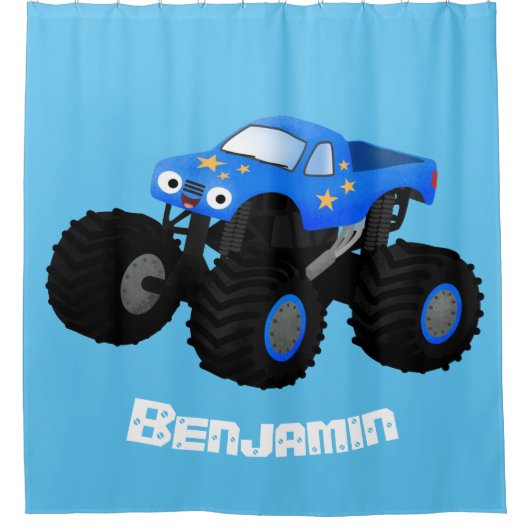 可愛い青いモンスタートラック漫画イラストレーション シャワーカーテン (正面)