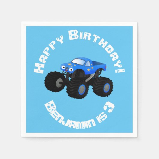 可愛い青いモンスタートラック漫画イラストレーション スタンダードカクテルナプキン (正面)