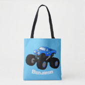 可愛い青いモンスタートラック漫画イラストレーション トートバッグ (正面)