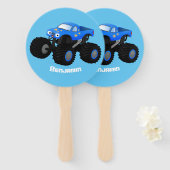 可愛い青いモンスタートラック漫画イラストレーション ハンドファン (正面&裏面)