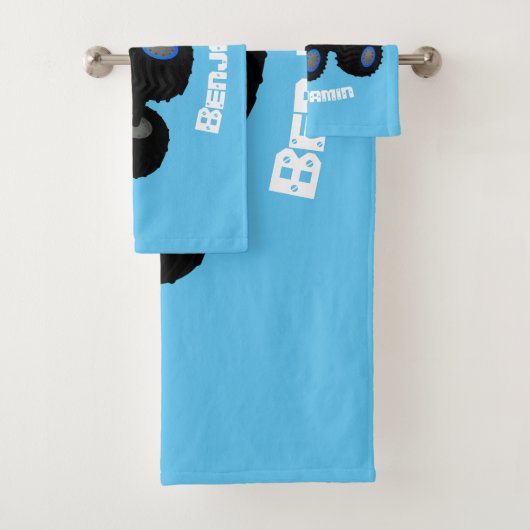 可愛い青いモンスタートラック漫画イラストレーション バスタオルセット (インサイチュ)