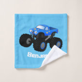 可愛い青いモンスタートラック漫画イラストレーション バスタオルセット (ウォッシュタオル)