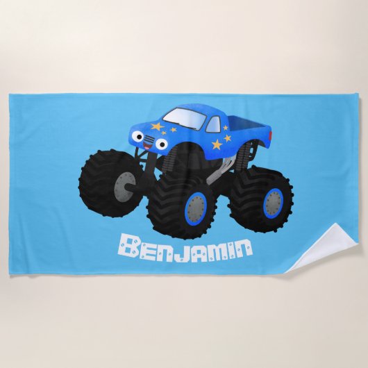 可愛い青いモンスタートラック漫画イラストレーション ビーチタオル (正面)