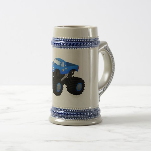 可愛い青いモンスタートラック漫画イラストレーション ビールジョッキ (正面右)