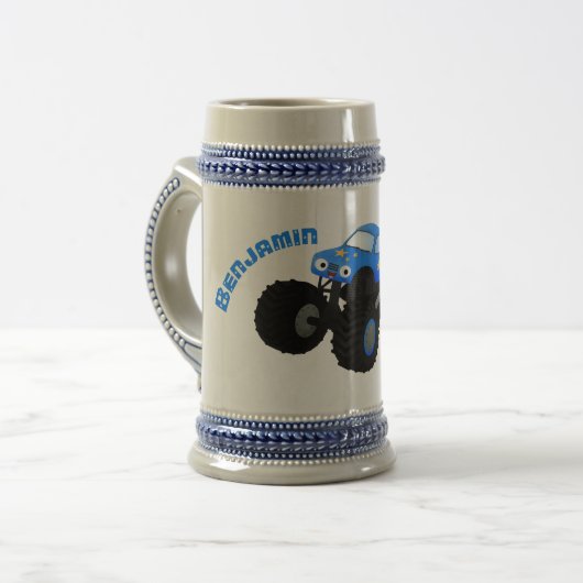 可愛い青いモンスタートラック漫画イラストレーション ビールジョッキ (正面左)