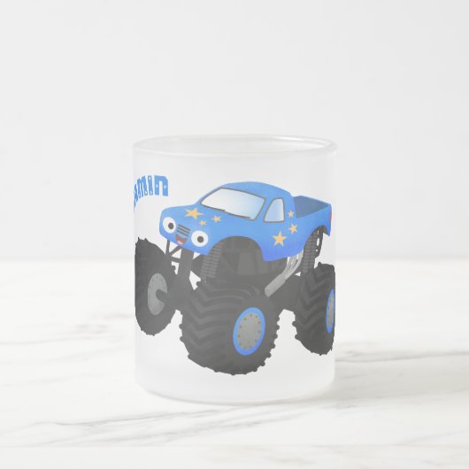 可愛い青いモンスタートラック漫画イラストレーション フロストグラスマグカップ (中央)