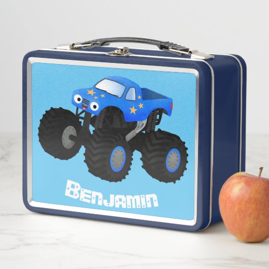 可愛い青いモンスタートラック漫画イラストレーション メタルランチボックス (インサイチュ)
