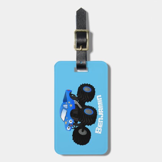 可愛い青いモンスタートラック漫画イラストレーション ラゲッジタグ (正面縦)