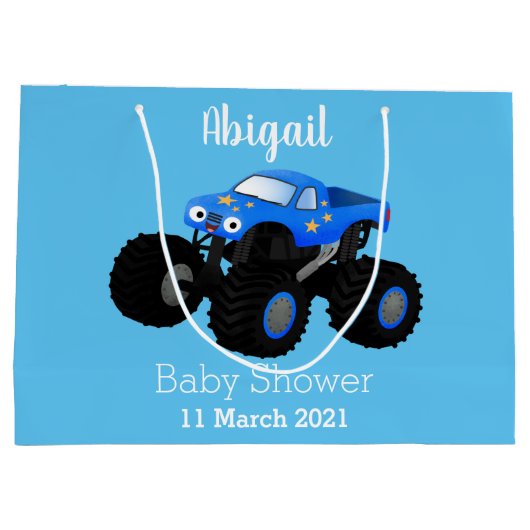 可愛い青いモンスタートラック漫画イラストレーション ラージペーパーバッグ (裏面)