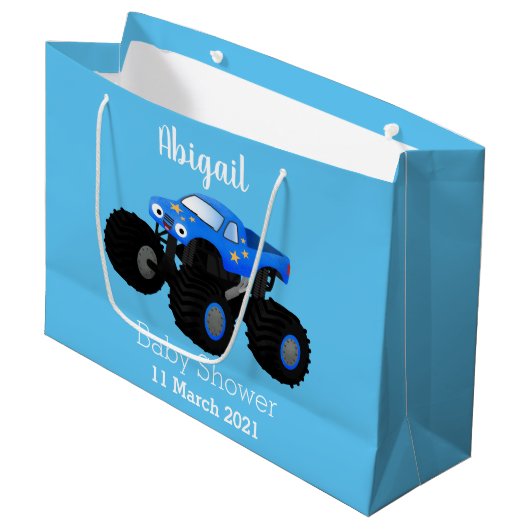 可愛い青いモンスタートラック漫画イラストレーション ラージペーパーバッグ (正面アングル)