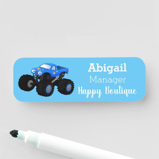 可愛い青いモンスタートラック漫画イラストレーション 名札 (インサイチュ)
