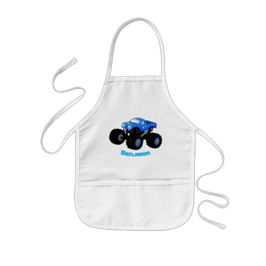 可愛い青いモンスタートラック漫画イラストレーション 子供用エプロン (正面)