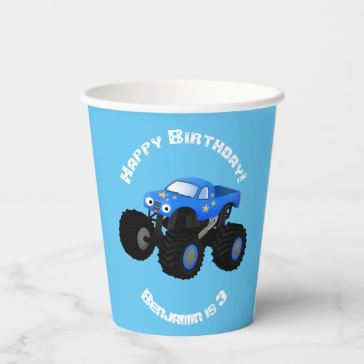 可愛い青いモンスタートラック漫画イラストレーション 紙コップ (裏面)