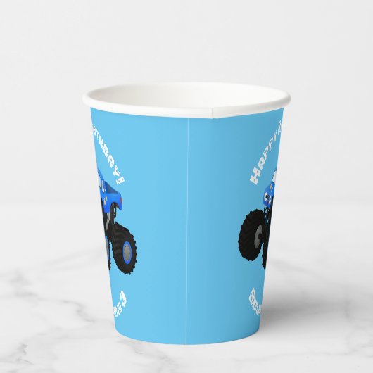可愛い青いモンスタートラック漫画イラストレーション 紙コップ (右)
