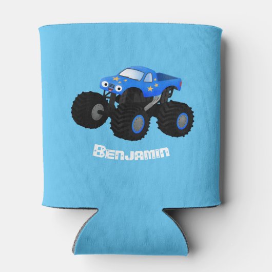 可愛い青いモンスタートラック漫画イラストレーション 缶クーラー (裏面)