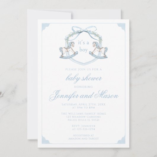 可愛い青いロッキングウスクレストボーホ男の赤ちゃんシャワー 招待状 (正面)
