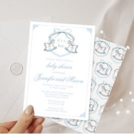 可愛い青いロッキングウスクレストボーホ男の赤ちゃんシャワー 招待状