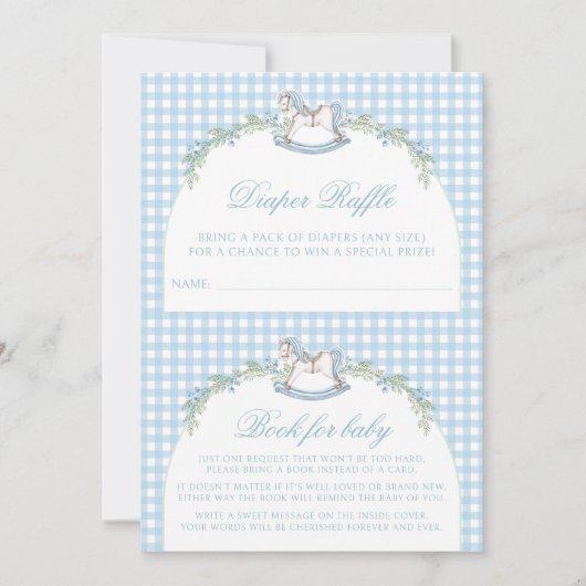 可愛い青いロッキングウマギンガム男の赤ちゃんシャワー 招待状 (正面)