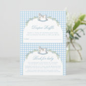 可愛い青いロッキングウマギンガム男の赤ちゃんシャワー 招待状 (スタンド正面)