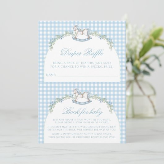 可愛い青いロッキングウマギンガム男の赤ちゃんシャワー 招待状 (スタンド正面)