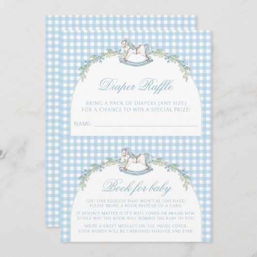 可愛い青いロッキングウマギンガム男の赤ちゃんシャワー 招待状 (正面/裏面)