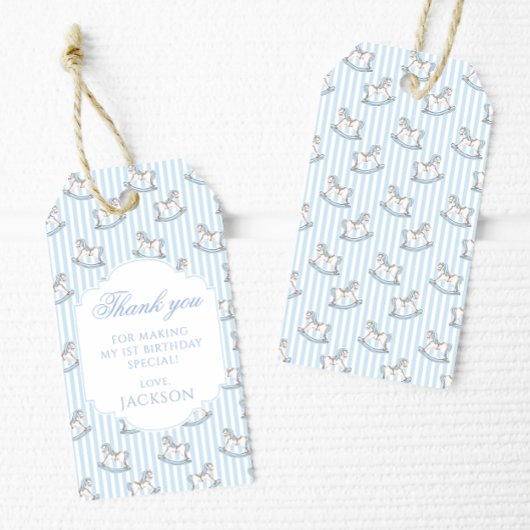 可愛い青いロッキングホースのバースデー感謝していターボーイ ギフトタグ