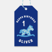 可愛い青いロッキングホースボーイ1歳誕生日 ギフトタグ (正面)