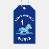 可愛い青いロッキングホースボーイ1歳誕生日 ギフトタグ (裏面)