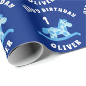 可愛い青いロッキングホースボーイ1歳誕生日 ラッピングペーパー (ロールコーナー)